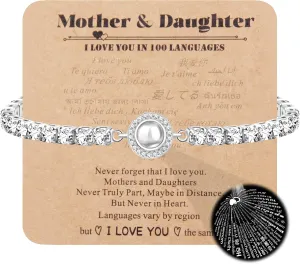 I Love You In 100 Languages Projection Bracelet | Sparkling Cubic Zirconia Jewelry for Women | Adjustable Slider Bolo Tennis Bracelets