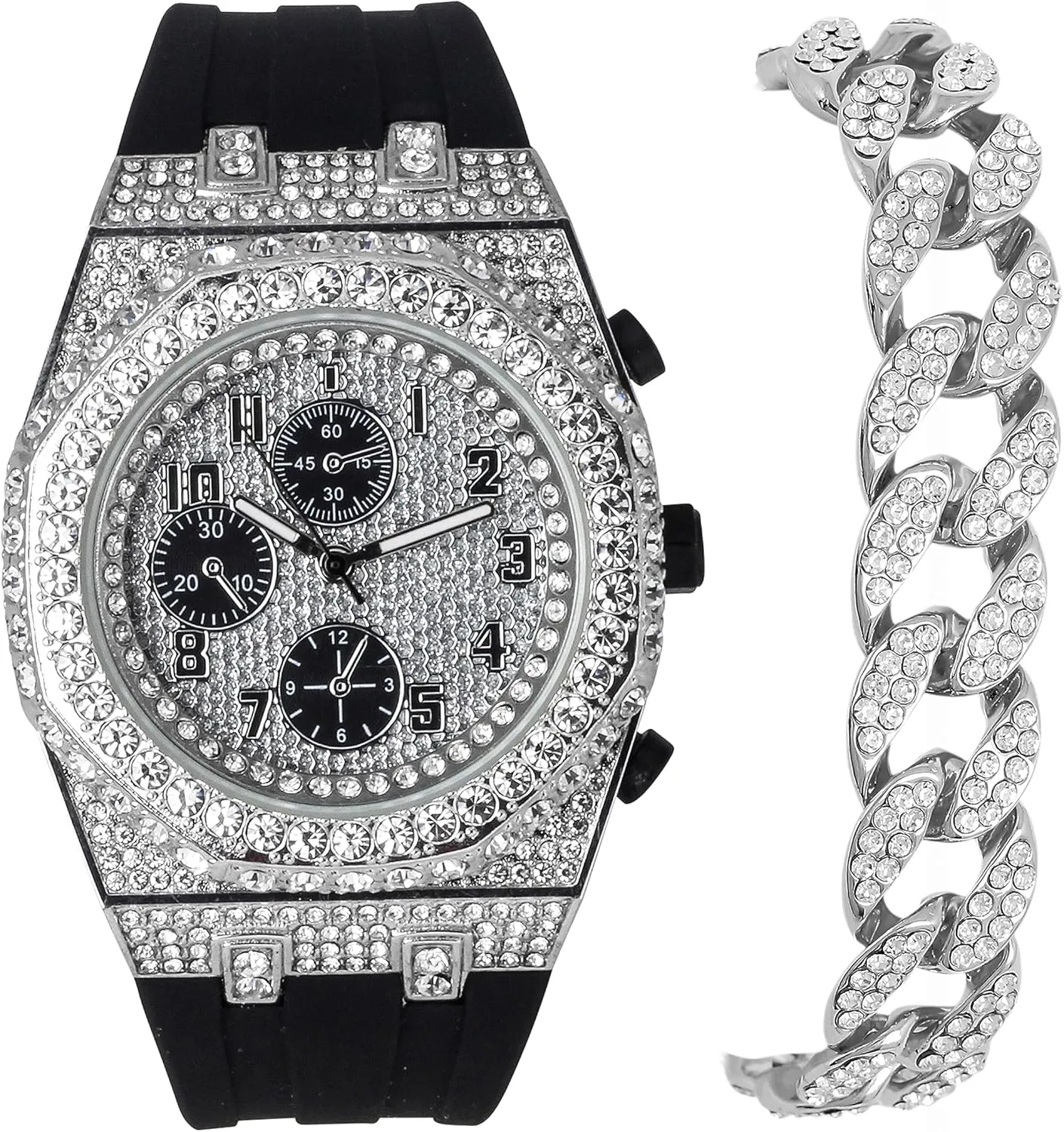 ICE STAR Men's 43mm Luxury Iced Diamond Octagon Watch & Bracelet Set - Silicone Band
