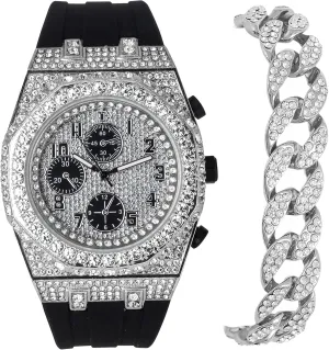 ICE STAR Men's 43mm Luxury Iced Diamond Octagon Watch & Bracelet Set - Silicone Band