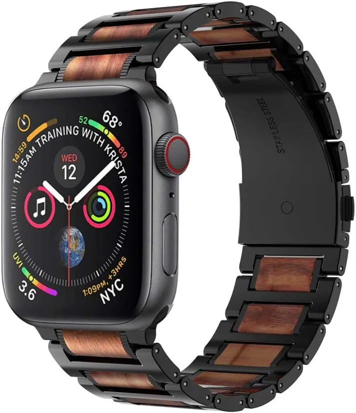 iiteeology Compatible with Apple Watch Band, Natural Wooden Steel Link Bracelet for iWatch Ultra 2/ Ultra/Series 1-10 49mm 46mm 45mm 44mm 42mm - Black