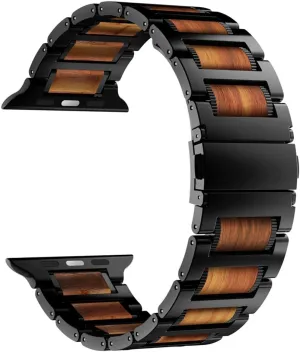 iiteeology Compatible with Apple Watch Band, Natural Wooden Steel Link Bracelet for iWatch Ultra 2/ Ultra/Series 1-10 49mm 46mm 45mm 44mm 42mm - Black