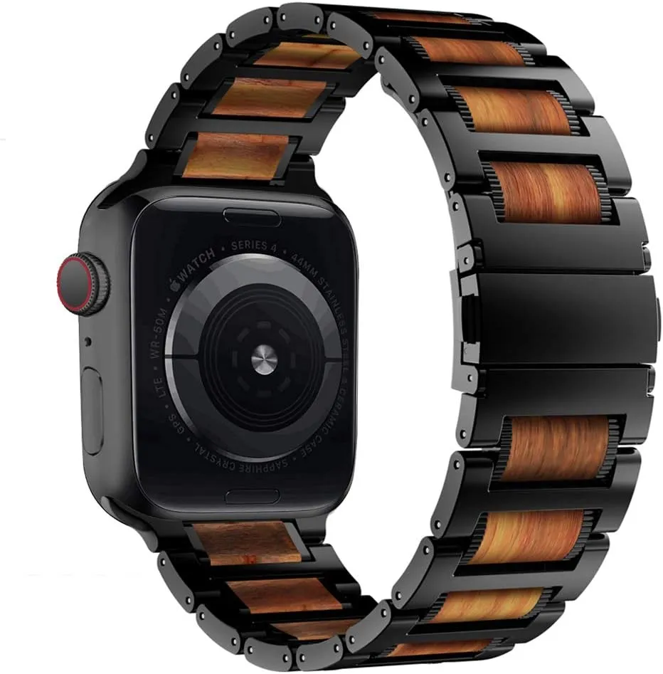 iiteeology Compatible with Apple Watch Band, Natural Wooden Steel Link Bracelet for iWatch Ultra 2/ Ultra/Series 1-10 49mm 46mm 45mm 44mm 42mm - Black