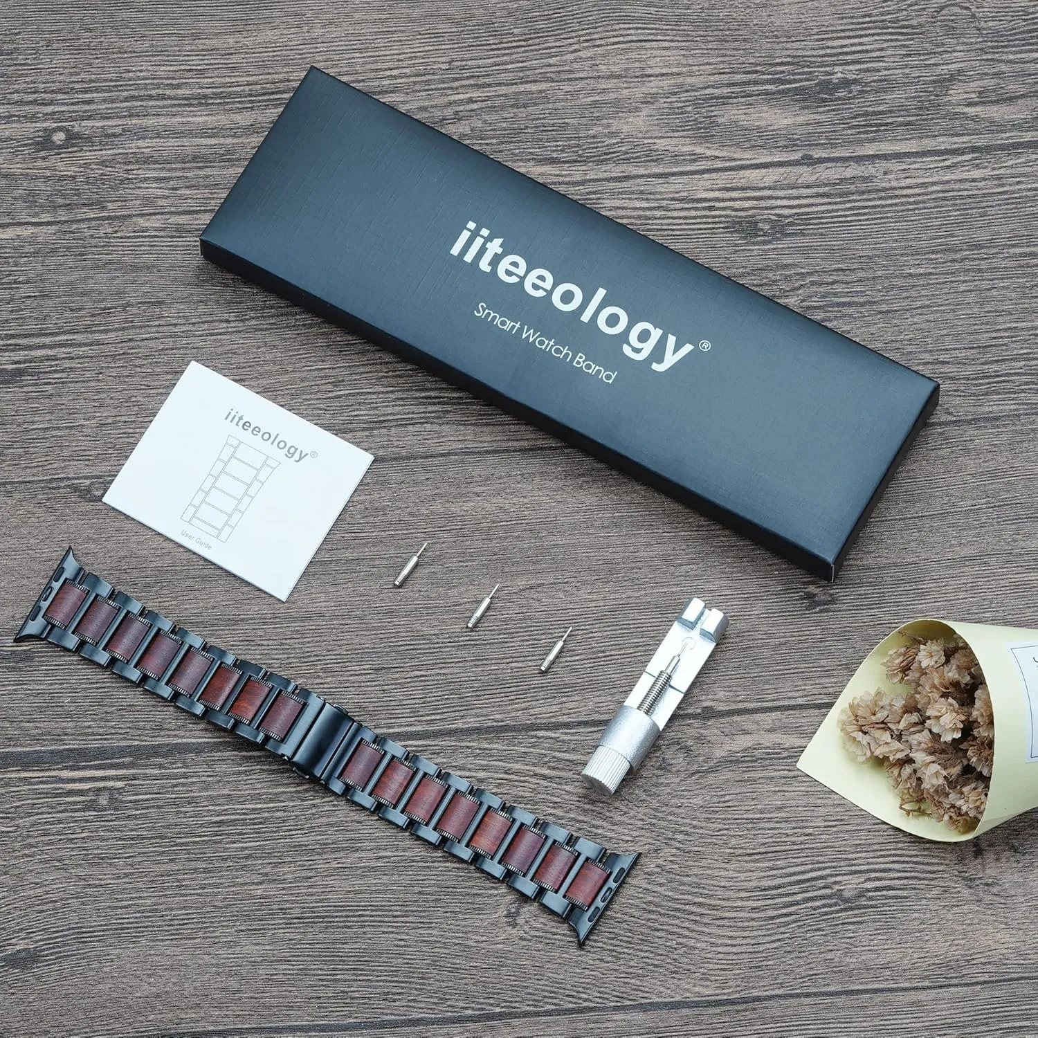 iiteeology Compatible with Apple Watch Band, Natural Wooden Steel Link Bracelet for iWatch Ultra 2/ Ultra/Series 1-10 49mm 46mm 45mm 44mm 42mm - Black