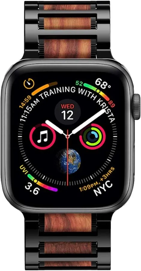 iiteeology Compatible with Apple Watch Band, Natural Wooden Steel Link Bracelet for iWatch Ultra 2/ Ultra/Series 1-10 49mm 46mm 45mm 44mm 42mm - Black