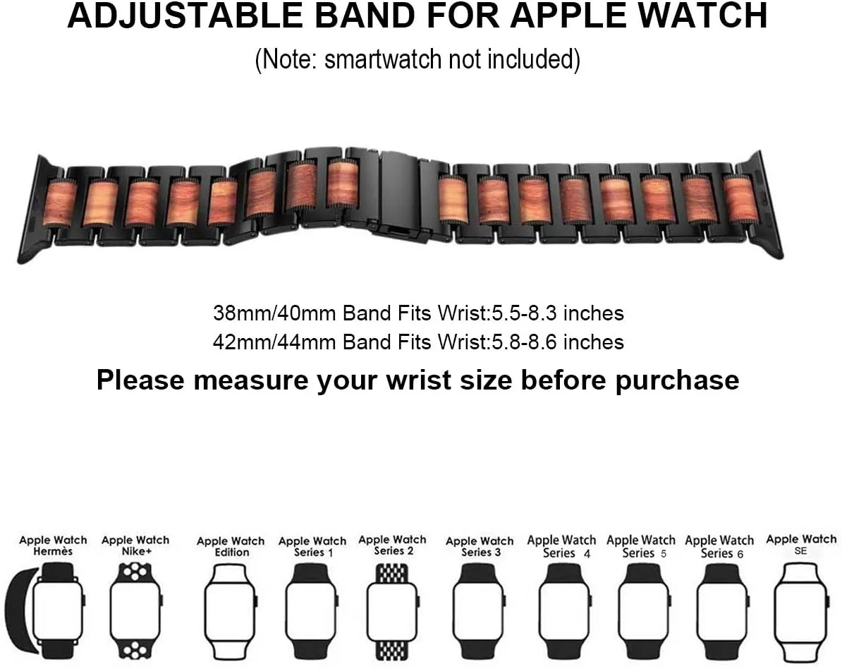 iiteeology Compatible with Apple Watch Band, Natural Wooden Steel Link Bracelet for iWatch Ultra 2/ Ultra/Series 1-10 49mm 46mm 45mm 44mm 42mm - Black