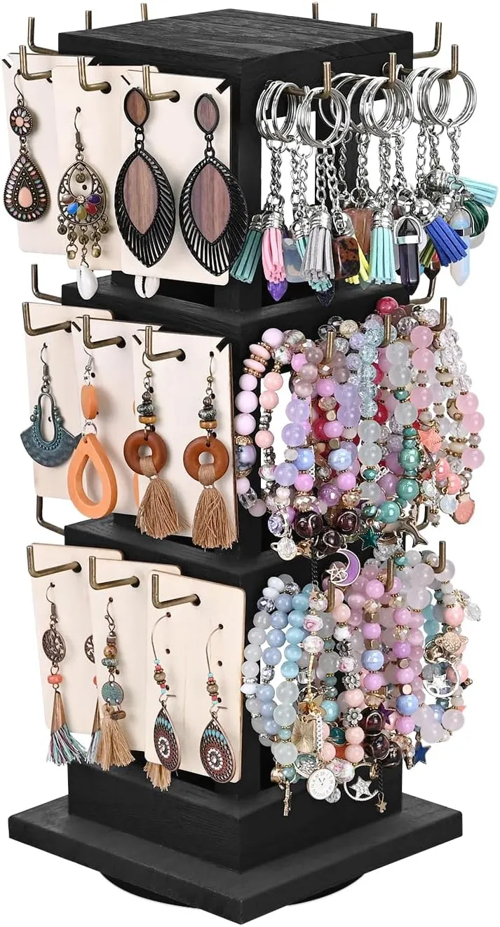 Ikee Design 36 Hooks Wood Rotating Keychain Holder Display Stand,3 Tier Jewelry Display Tree Stand,Bracelet Holder, Earring Rack for Vendors and Selling, Black Color