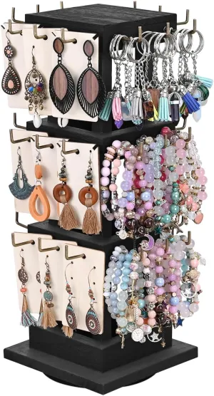 Ikee Design 36 Hooks Wood Rotating Keychain Holder Display Stand,3 Tier Jewelry Display Tree Stand,Bracelet Holder, Earring Rack for Vendors and Selling, Black Color