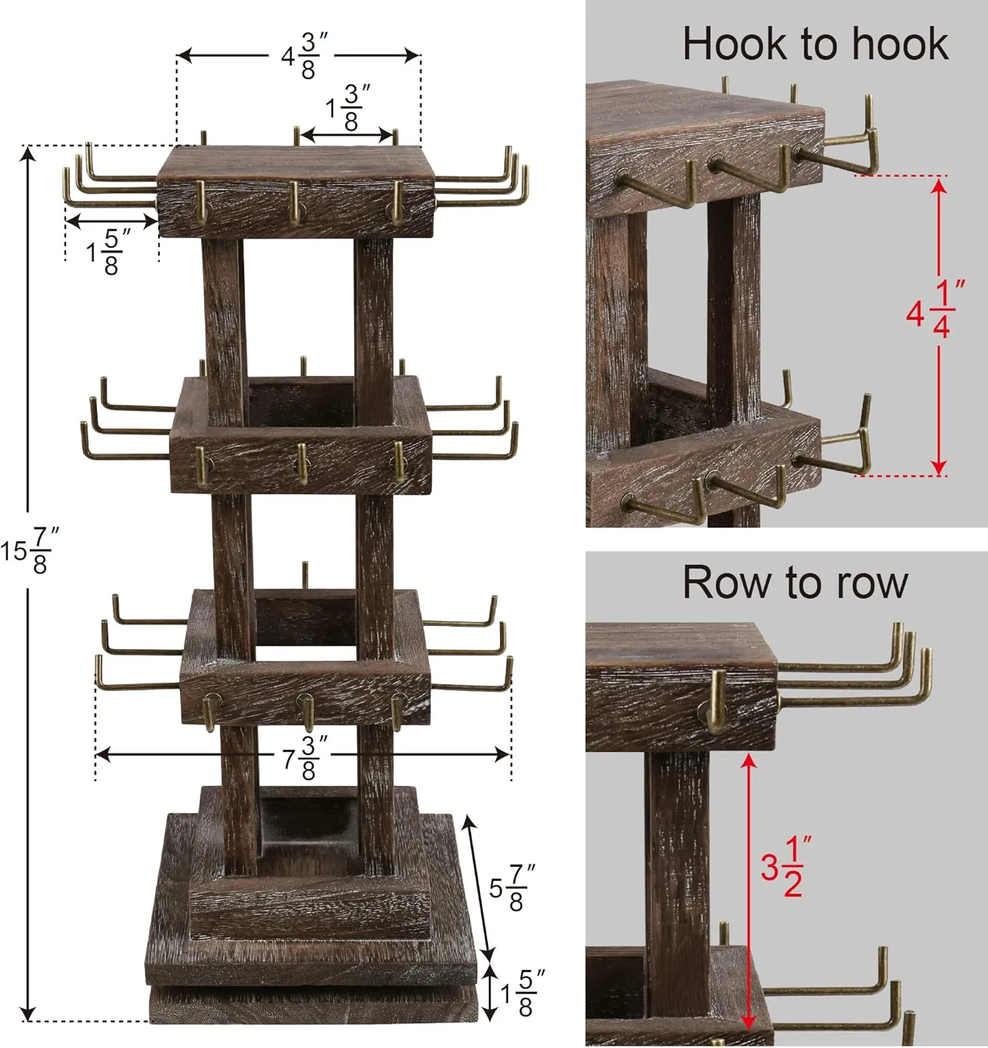 Ikee Design Wood Rotating Jewelry Display Stand Tower,Spinning Keychain Display Stand,36 Hooks Spinning Necklace, Bracelet, Earring Rack for Vendor, Coffee Color