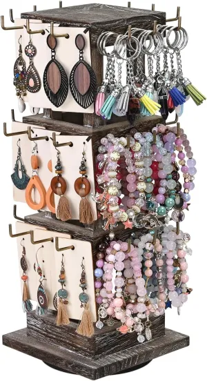 Ikee Design Wood Rotating Jewelry Display Stand Tower,Spinning Keychain Display Stand,36 Hooks Spinning Necklace, Bracelet, Earring Rack for Vendor, Coffee Color