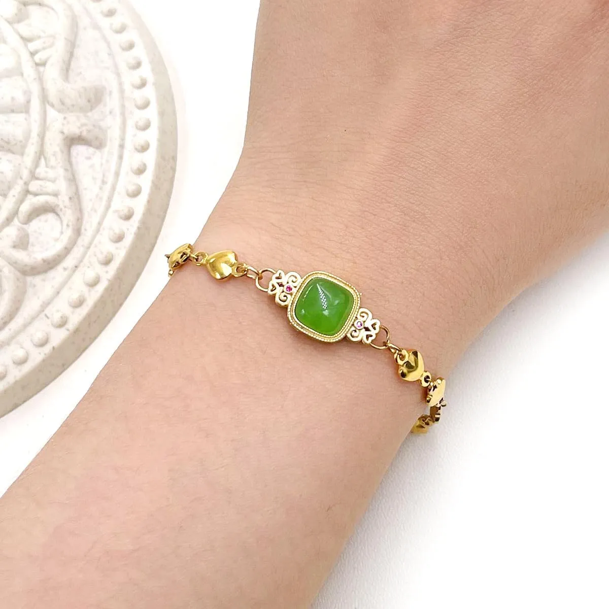 Imitation Jade and Stone Square with Diamonds Bracelet, Stainless Steel Gold-Plated Adjustable Heart-Shaped Bracelet, for Mother's Day and ChristmasY4379-6D