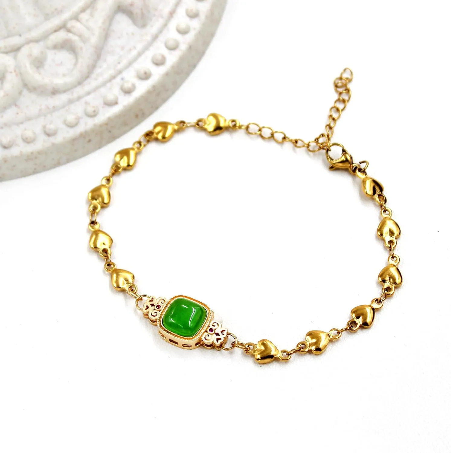 Imitation Jade and Stone Square with Diamonds Bracelet, Stainless Steel Gold-Plated Adjustable Heart-Shaped Bracelet, for Mother's Day and ChristmasY4379-6D