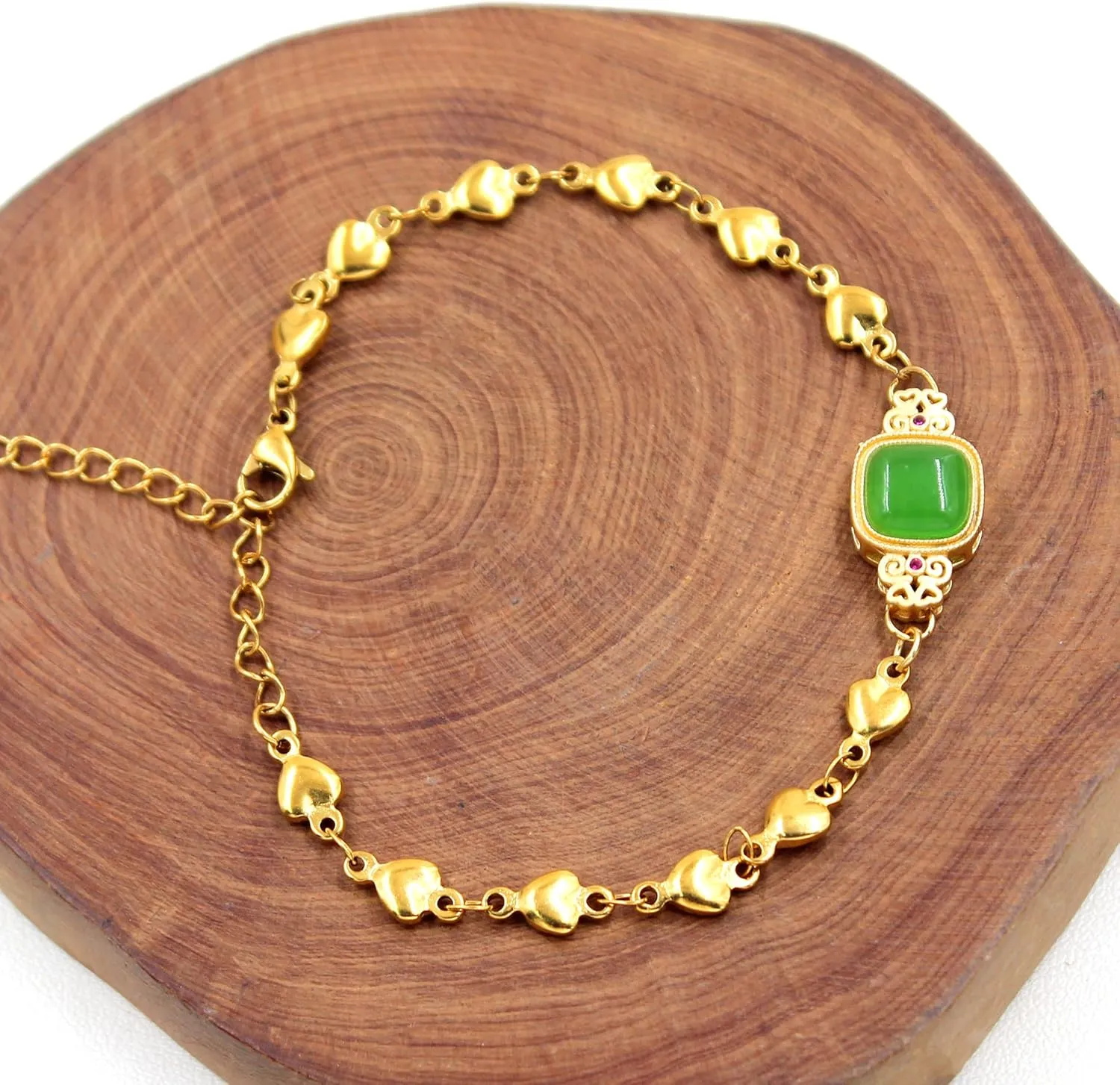 Imitation Jade and Stone Square with Diamonds Bracelet, Stainless Steel Gold-Plated Adjustable Heart-Shaped Bracelet, for Mother's Day and ChristmasY4379-6D