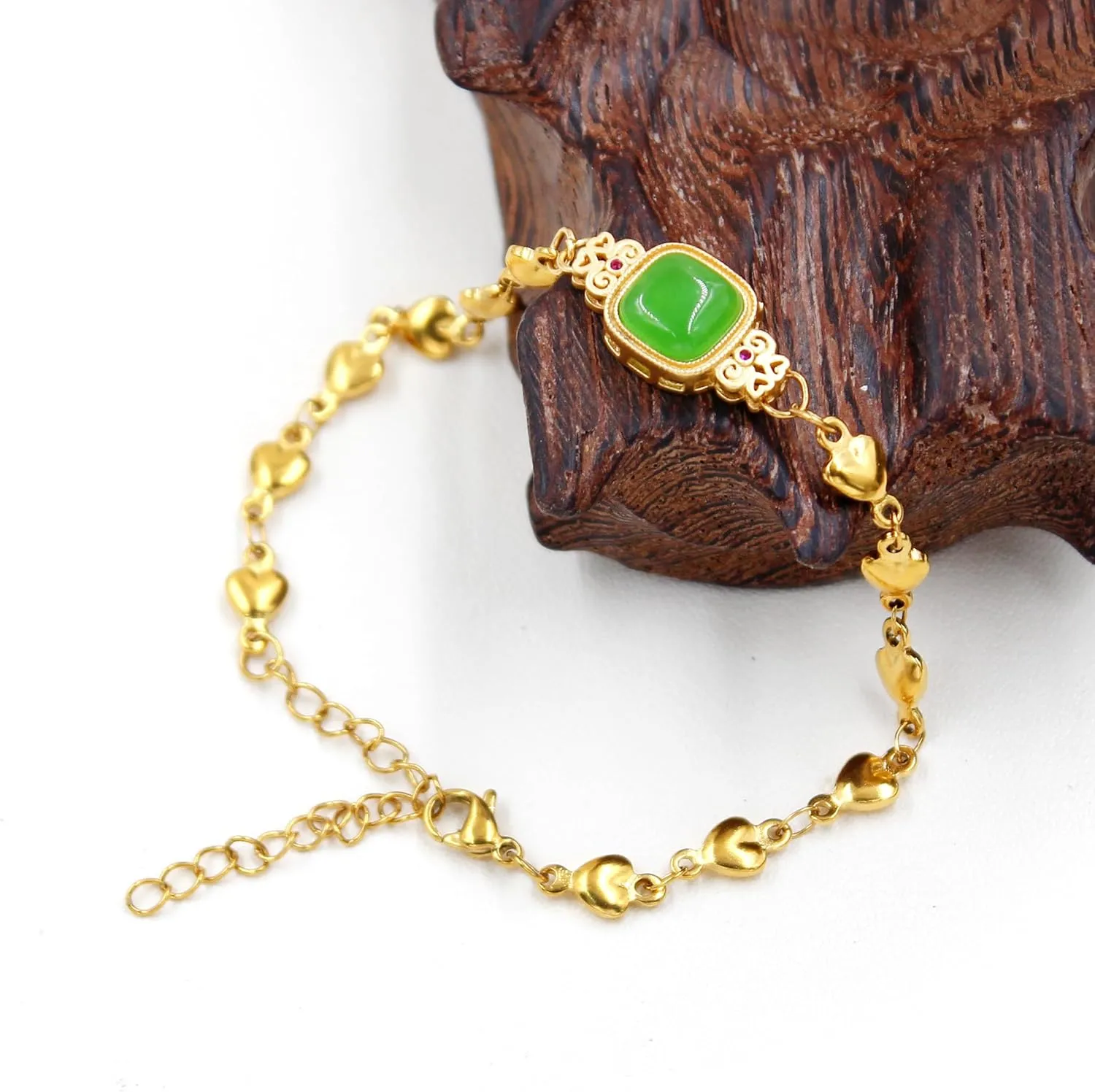 Imitation Jade and Stone Square with Diamonds Bracelet, Stainless Steel Gold-Plated Adjustable Heart-Shaped Bracelet, for Mother's Day and ChristmasY4379-6D
