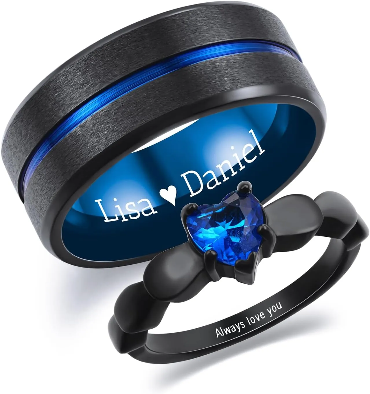 INBLUE Personalized Promise Rings for Couples Engraved Text Ring with Heart Gemstone Stainless Steel Matching Couple Rings for Him and Her on Engagement Wedding
