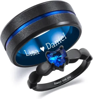 INBLUE Personalized Promise Rings for Couples Engraved Text Ring with Heart Gemstone Stainless Steel Matching Couple Rings for Him and Her on Engagement Wedding