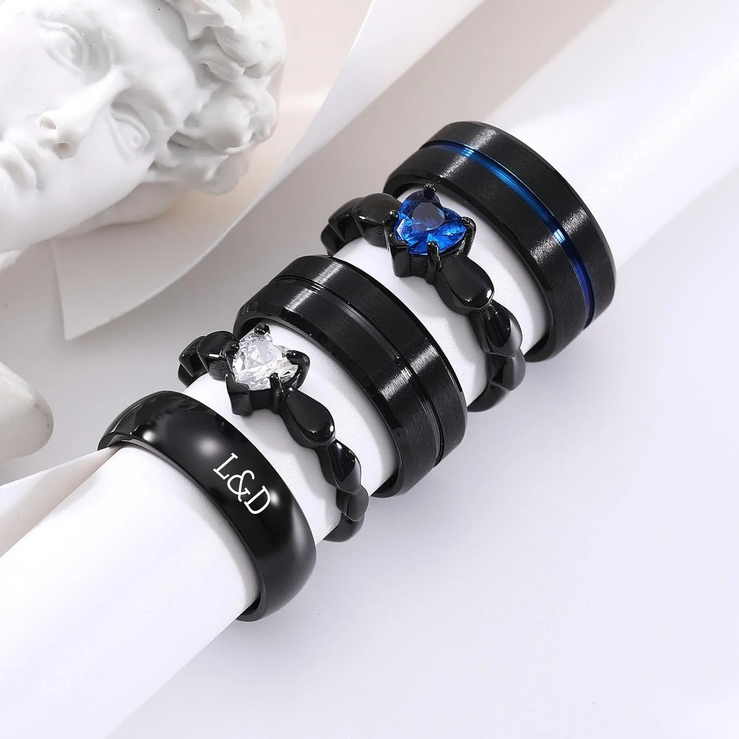 INBLUE Personalized Promise Rings for Couples Engraved Text Ring with Heart Gemstone Stainless Steel Matching Couple Rings for Him and Her on Engagement Wedding