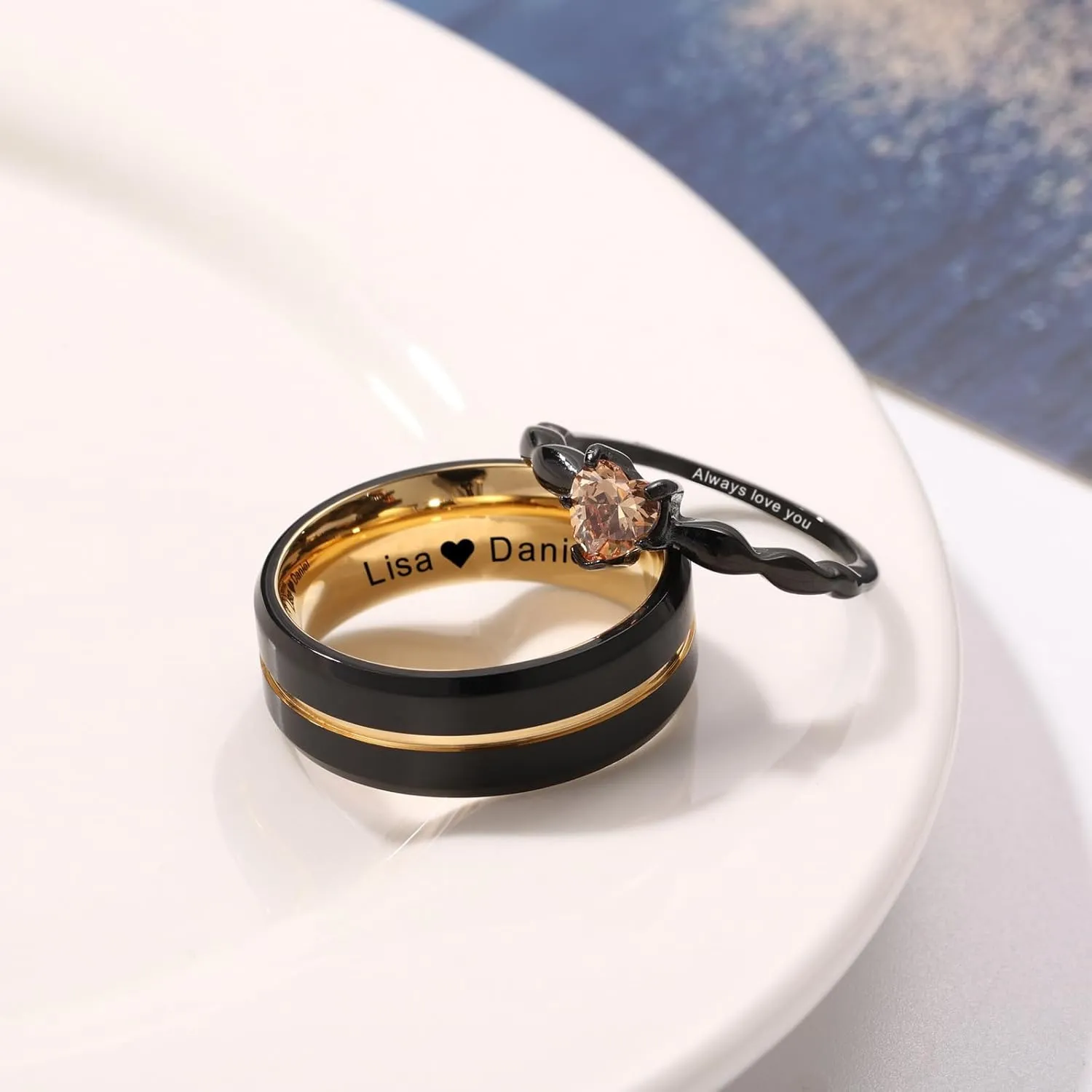 INBLUE Personalized Promise Rings for Couples Engraved Text Ring with Heart Gemstone Stainless Steel Matching Couple Rings for Him and Her on Engagement Wedding