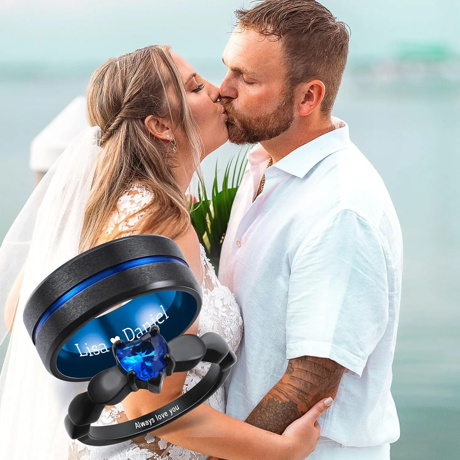 INBLUE Personalized Promise Rings for Couples Engraved Text Ring with Heart Gemstone Stainless Steel Matching Couple Rings for Him and Her on Engagement Wedding