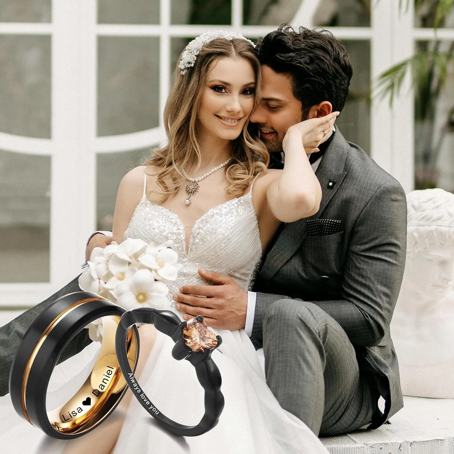 INBLUE Personalized Promise Rings for Couples Engraved Text Ring with Heart Gemstone Stainless Steel Matching Couple Rings for Him and Her on Engagement Wedding