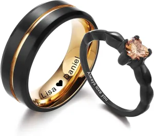 INBLUE Personalized Promise Rings for Couples Engraved Text Ring with Heart Gemstone Stainless Steel Matching Couple Rings for Him and Her on Engagement Wedding