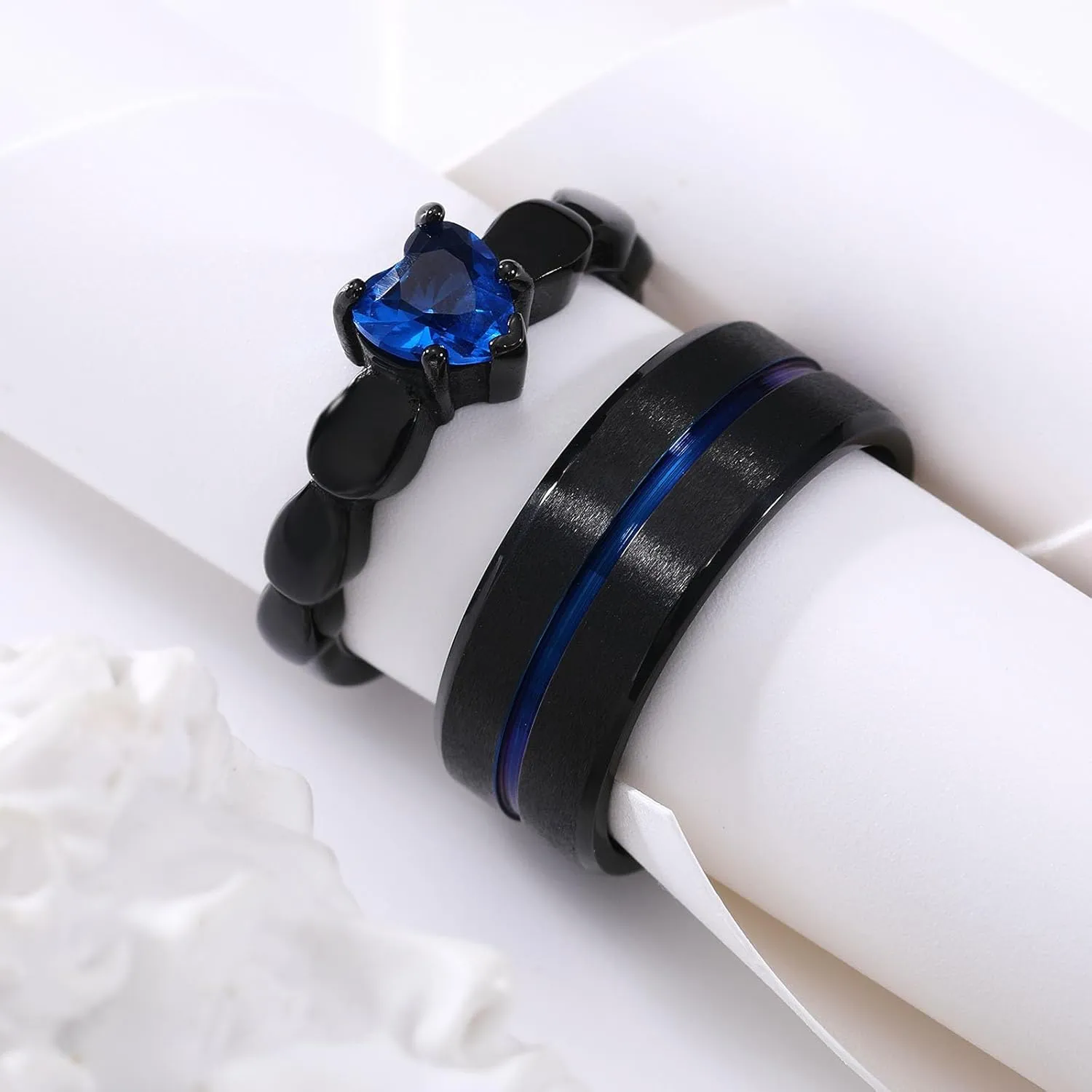 INBLUE Personalized Promise Rings for Couples Engraved Text Ring with Heart Gemstone Stainless Steel Matching Couple Rings for Him and Her on Engagement Wedding