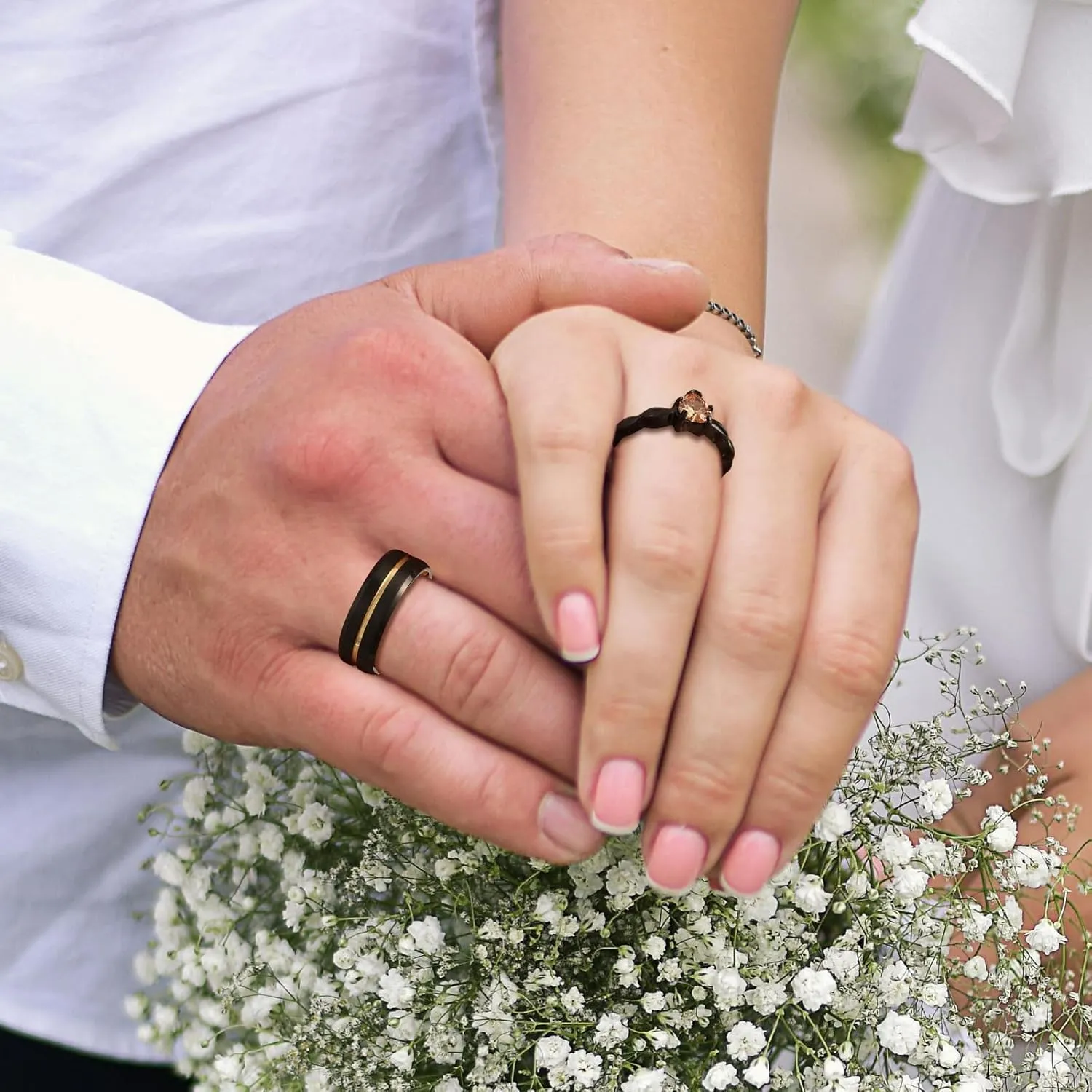 INBLUE Personalized Promise Rings for Couples Engraved Text Ring with Heart Gemstone Stainless Steel Matching Couple Rings for Him and Her on Engagement Wedding