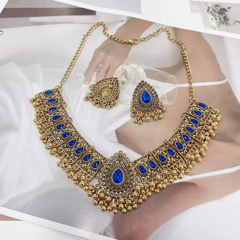Indian Wedding Bridal Traditional Bohemian Jewellery Set for Women Girls Antique Oxidized Ethnic Party Prom Wear Statement Necklace Earring Tassel Bollywood Choker Punk Crystal Fashion Gift for Bride