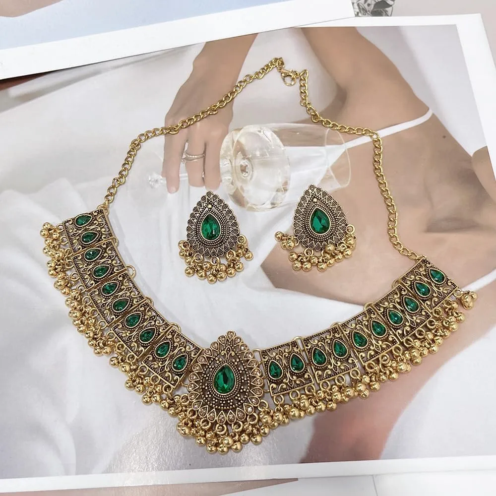Indian Wedding Bridal Traditional Bohemian Jewellery Set for Women Girls Antique Oxidized Ethnic Party Prom Wear Statement Necklace Earring Tassel Bollywood Choker Punk Crystal Fashion Gift for Bride