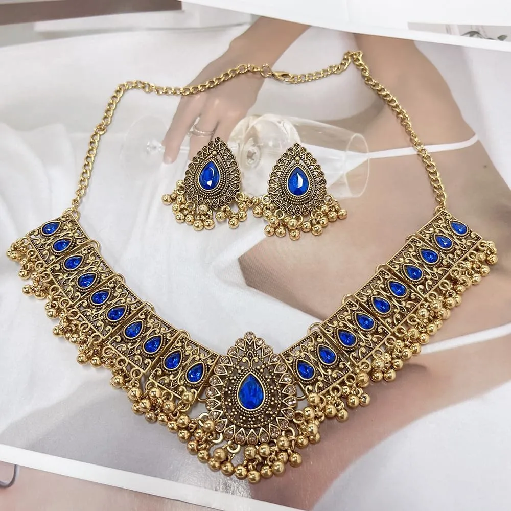 Indian Wedding Bridal Traditional Bohemian Jewellery Set for Women Girls Antique Oxidized Ethnic Party Prom Wear Statement Necklace Earring Tassel Bollywood Choker Punk Crystal Fashion Gift for Bride