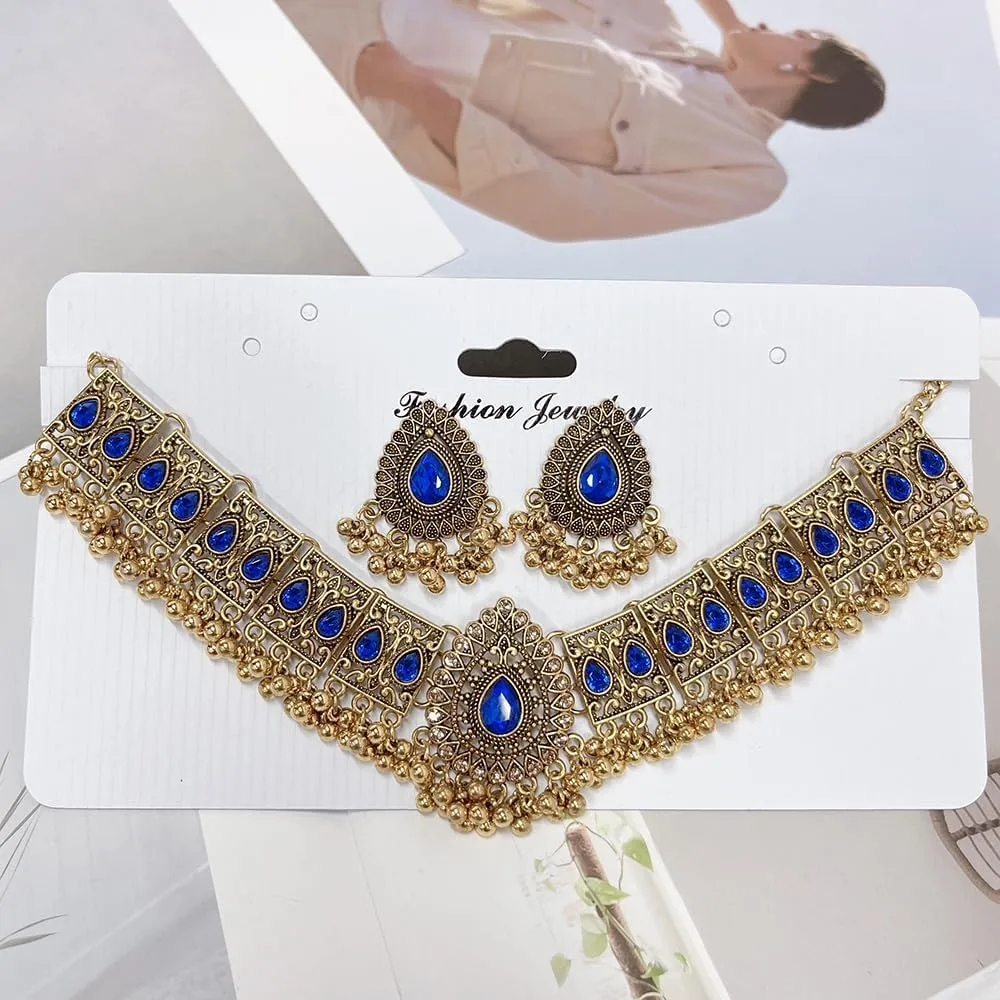 Indian Wedding Bridal Traditional Bohemian Jewellery Set for Women Girls Antique Oxidized Ethnic Party Prom Wear Statement Necklace Earring Tassel Bollywood Choker Punk Crystal Fashion Gift for Bride