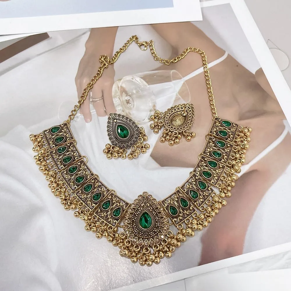 Indian Wedding Bridal Traditional Bohemian Jewellery Set for Women Girls Antique Oxidized Ethnic Party Prom Wear Statement Necklace Earring Tassel Bollywood Choker Punk Crystal Fashion Gift for Bride