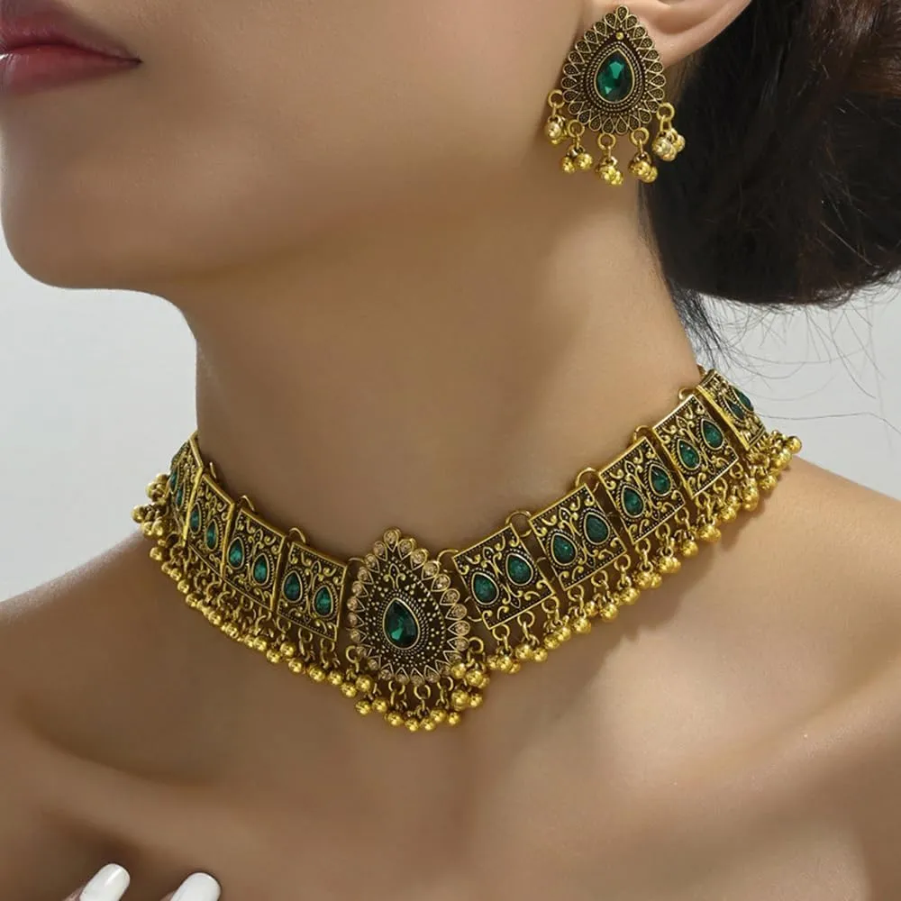 Indian Wedding Bridal Traditional Bohemian Jewellery Set for Women Girls Antique Oxidized Ethnic Party Prom Wear Statement Necklace Earring Tassel Bollywood Choker Punk Crystal Fashion Gift for Bride