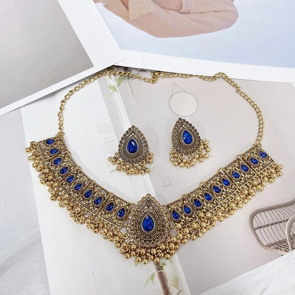 Indian Wedding Bridal Traditional Bohemian Jewellery Set for Women Girls Antique Oxidized Ethnic Party Prom Wear Statement Necklace Earring Tassel Bollywood Choker Punk Crystal Fashion Gift for Bride