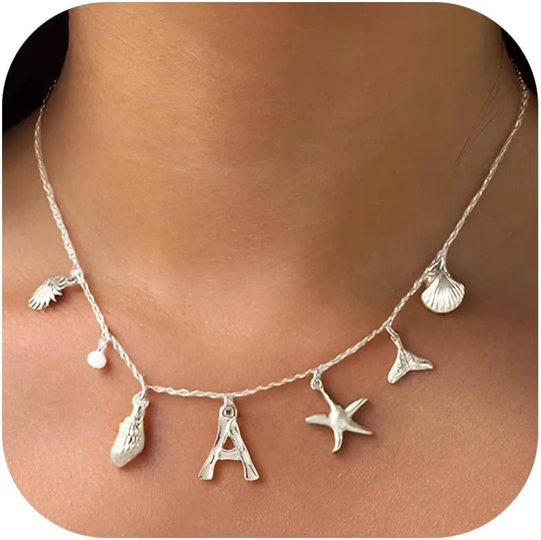 Initial Charm Necklace Beach Jewelry for Women Trendy Shell Letter Pendant Necklace Summer Beach Surfer Jewelry Gifts Boho Starfish Pearl Charms for Summer Vacation