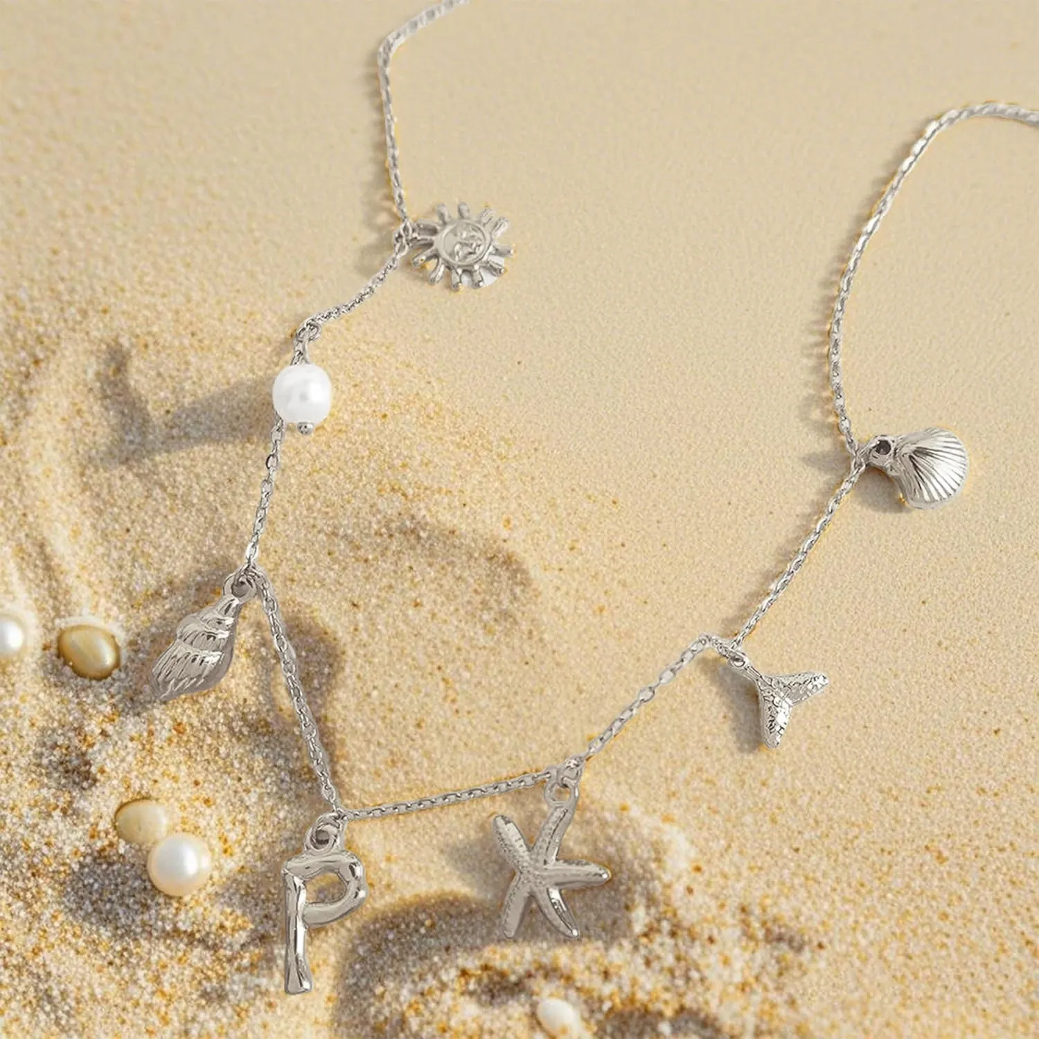 Initial Charm Necklace Beach Jewelry for Women Trendy Shell Letter Pendant Necklace Summer Beach Surfer Jewelry Gifts Boho Starfish Pearl Charms for Summer Vacation