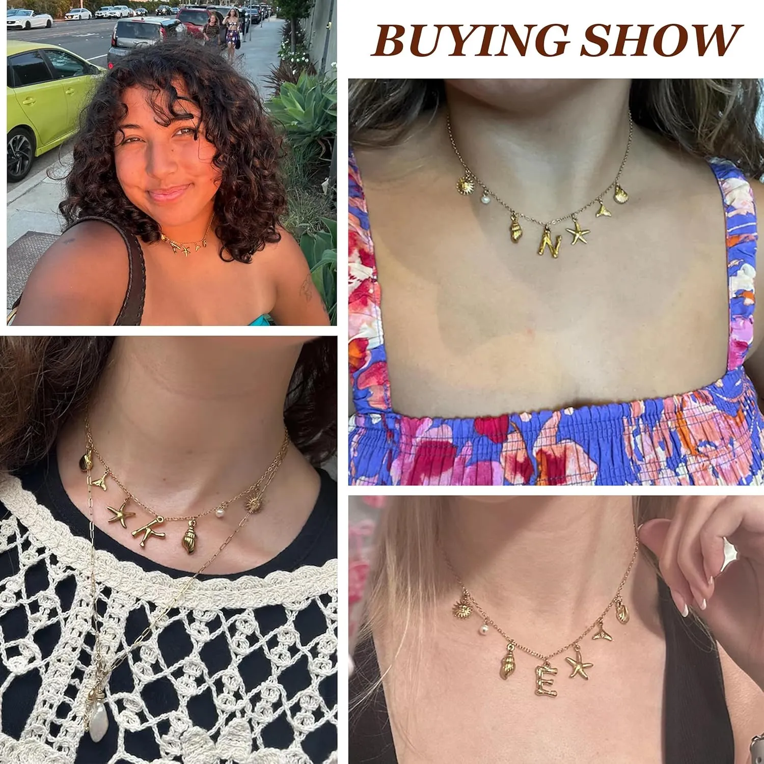 Initial Charm Necklace Beach Jewelry for Women Trendy Shell Letter Pendant Necklace Summer Beach Surfer Jewelry Gifts Boho Starfish Pearl Charms for Summer Vacation