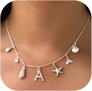 Initial Charm Necklace Beach Jewelry for Women Trendy Shell Letter Pendant Necklace Summer Beach Surfer Jewelry Gifts Boho Starfish Pearl Charms for Summer Vacation