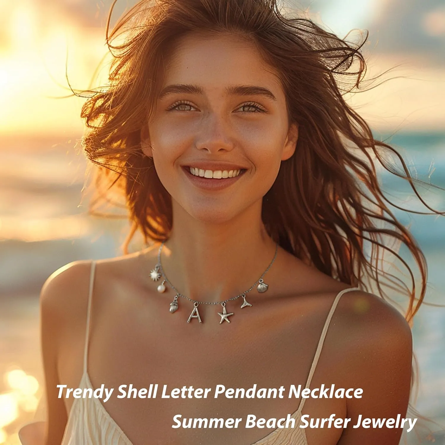 Initial Charm Necklace Beach Jewelry for Women Trendy Shell Letter Pendant Necklace Summer Beach Surfer Jewelry Gifts Boho Starfish Pearl Charms for Summer Vacation