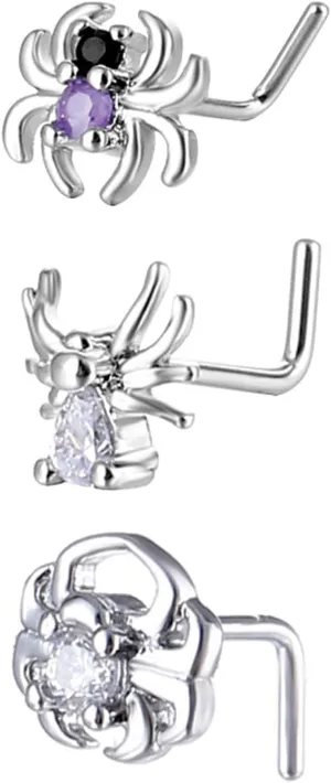 INTIMATE LOVER Nose Rings, 20G Halloween Nose Studs, Stainless Steel 316L L-Shaped Nose Rings Set, Spider L Bend Nose Screws Cross Skull Gothic Nose Piercing Jewelry