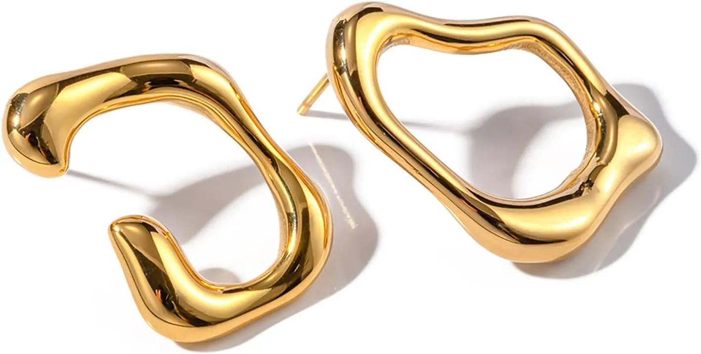 Irregular Hollow Oval Earrings C Shape Ear Studs Gold Stainless Steel Geometry Earrings Minimalist Drop Ear Jewelry Gift for Women Teen