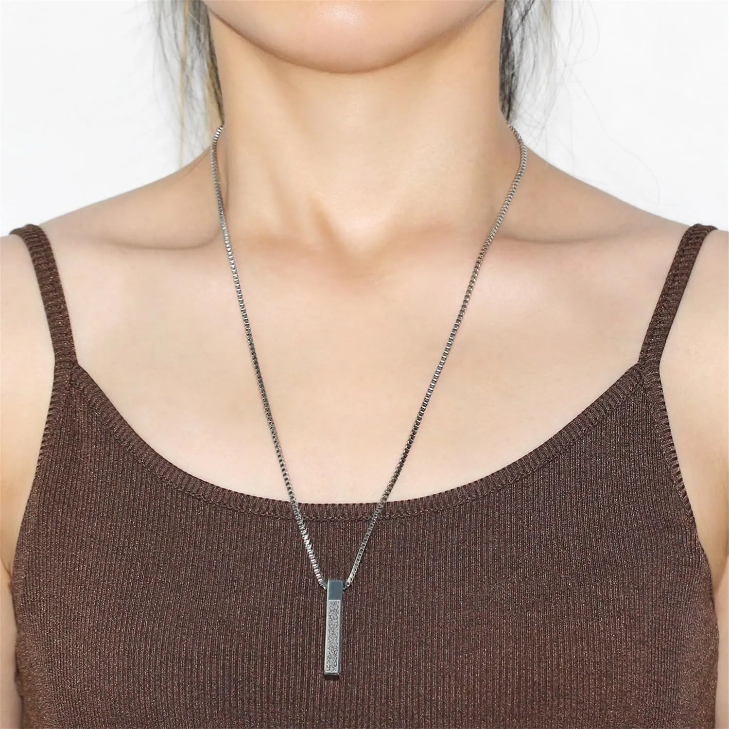 Islamic Titanium Steel Bar Necklace with Arabic Scripture Text Carving Pendant | Stylish Religious Square Pillar Jewelry for Men and Women