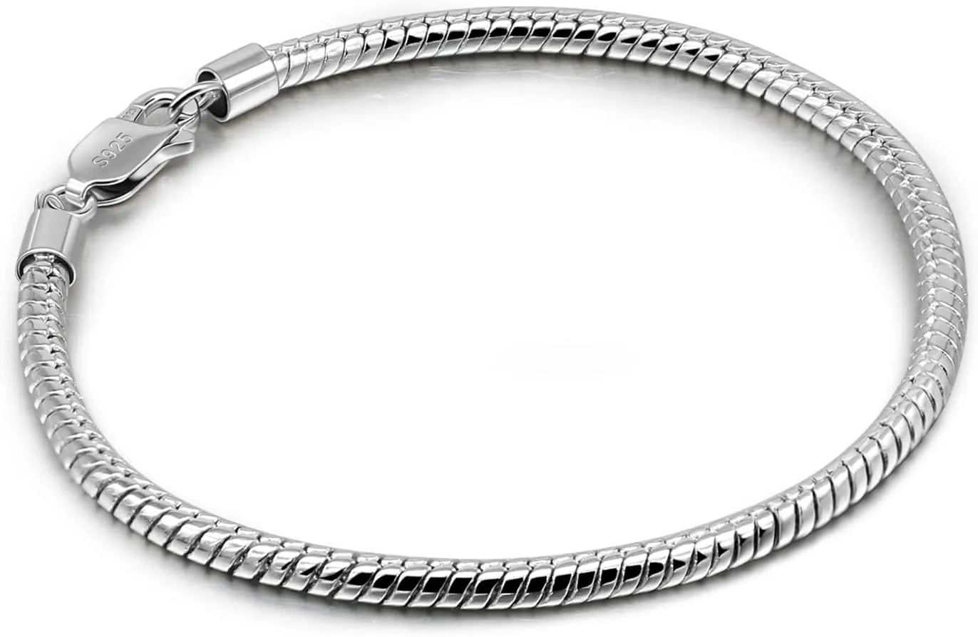 Italy Smooth 3MM 4MM Round Snake Chain Bracelet Solid 925 Sterling Silver Men Women 6.3" 6.7" 7" 7.5" 8" 8.5" 9" 9.5" Bangle Charm Jewelry Gift