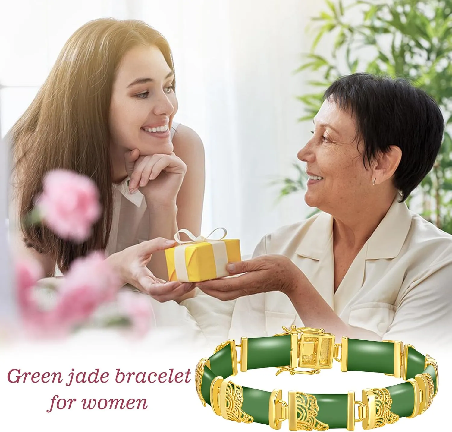 Jade Bracelets for Women 18kt Gold Plated Sterling Silver Fortune Bangle Bracelet Fine Jewelry Birthday Mothers Day Christmas Gifts for Mom Grandma Wife Sister