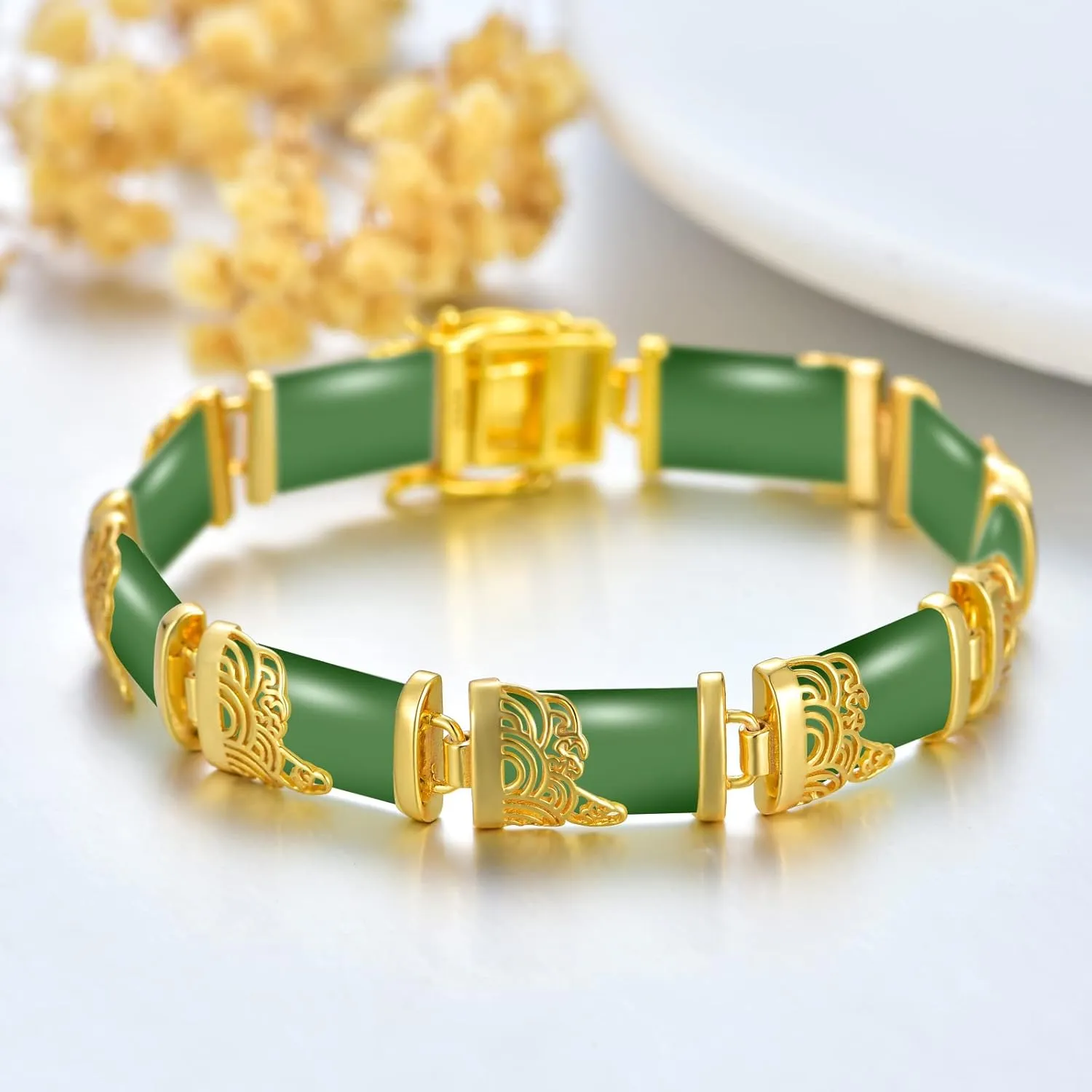 Jade Bracelets for Women 18kt Gold Plated Sterling Silver Fortune Bangle Bracelet Fine Jewelry Birthday Mothers Day Christmas Gifts for Mom Grandma Wife Sister