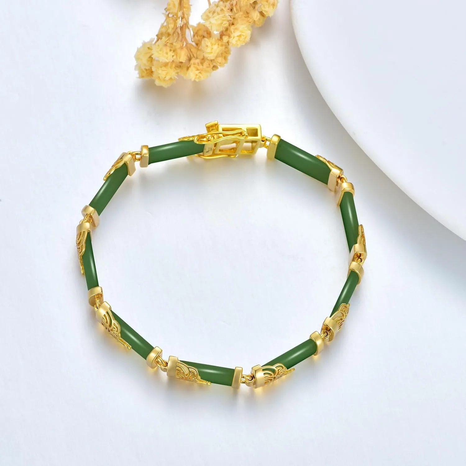 Jade Bracelets for Women 18kt Gold Plated Sterling Silver Fortune Bangle Bracelet Fine Jewelry Birthday Mothers Day Christmas Gifts for Mom Grandma Wife Sister