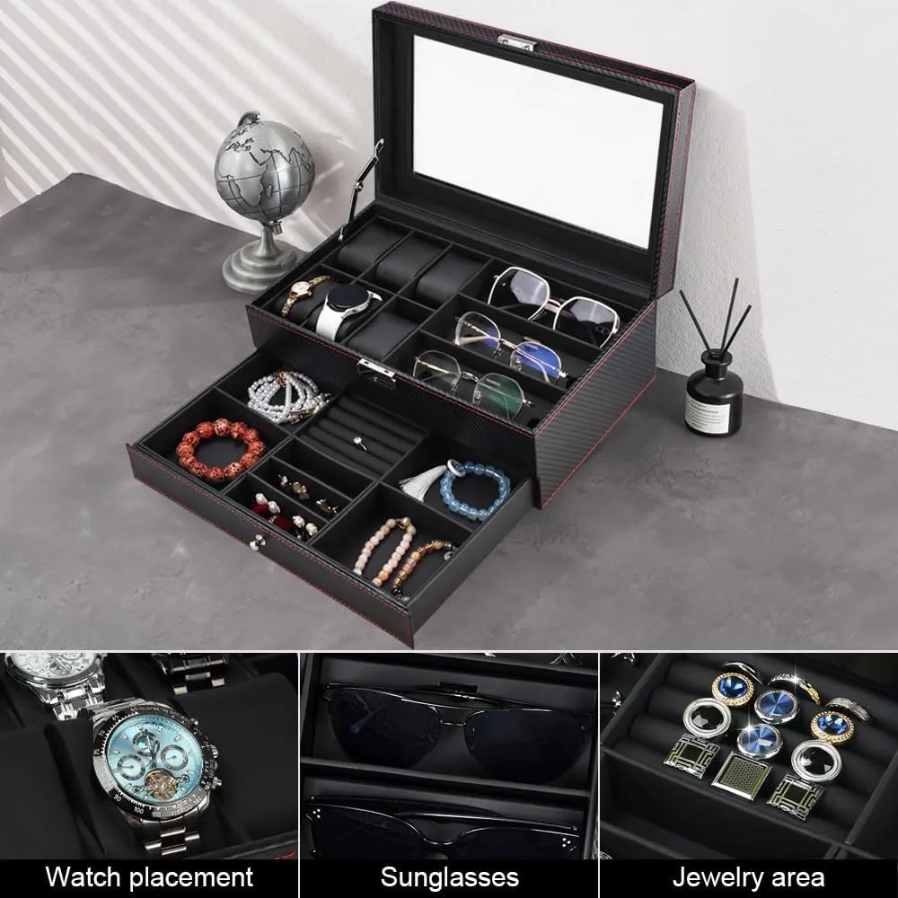 J&T Technology Watch Jewelry Box Organizer,6 Slot Watch Case & 3 Sunglasses Organizer with Glass Lid,2-Tier Men's Jewelry Box,Watch Holder Display Case for Men,Birthday Gift