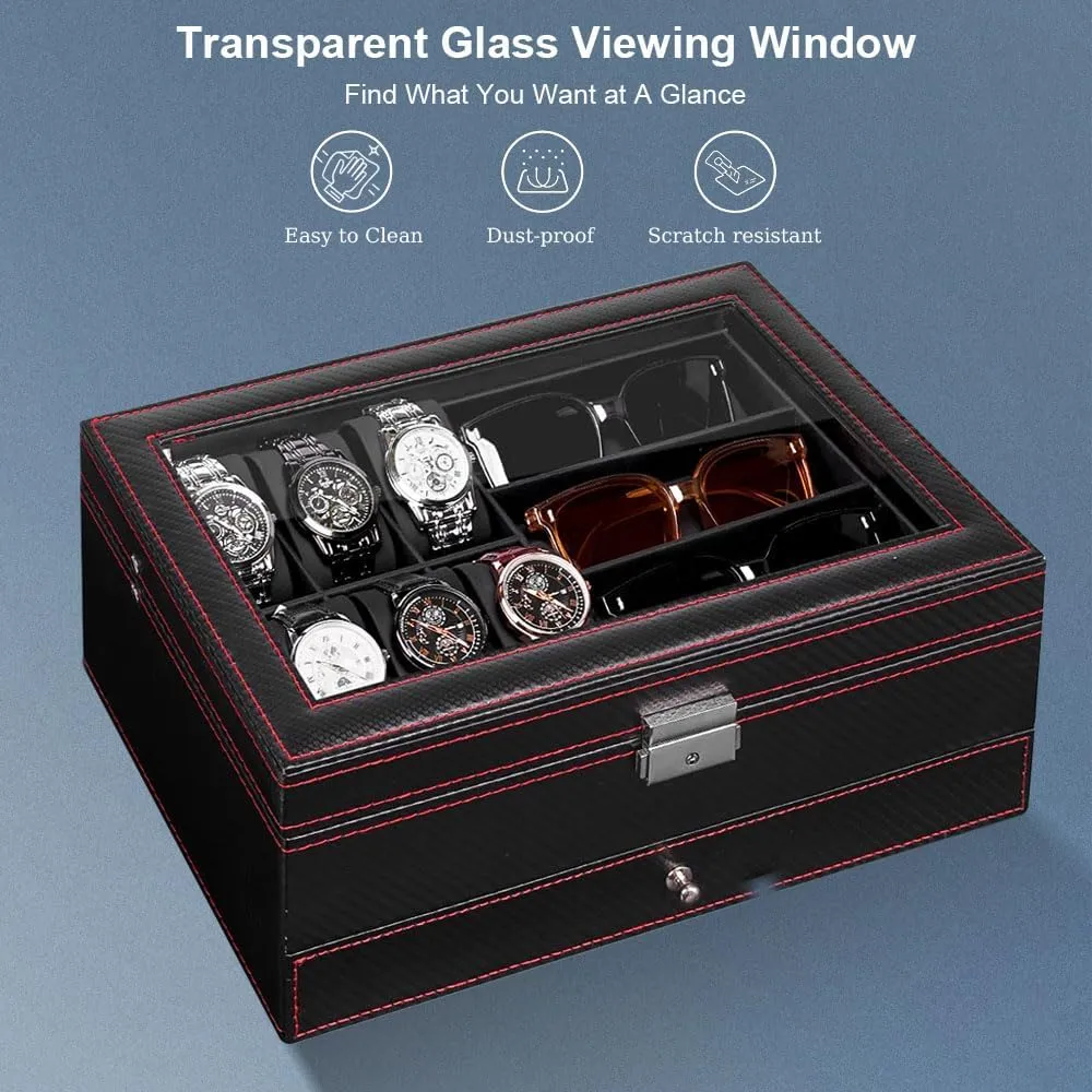 J&T Technology Watch Jewelry Box Organizer,6 Slot Watch Case & 3 Sunglasses Organizer with Glass Lid,2-Tier Men's Jewelry Box,Watch Holder Display Case for Men,Birthday Gift