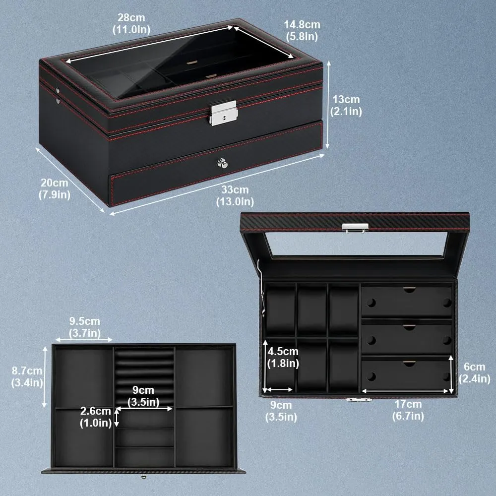J&T Technology Watch Jewelry Box Organizer,6 Slot Watch Case & 3 Sunglasses Organizer with Glass Lid,2-Tier Men's Jewelry Box,Watch Holder Display Case for Men,Birthday Gift