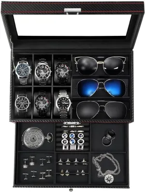 J&T Technology Watch Jewelry Box Organizer,6 Slot Watch Case & 3 Sunglasses Organizer with Glass Lid,2-Tier Men's Jewelry Box,Watch Holder Display Case for Men,Birthday Gift