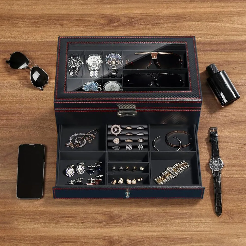 J&T Technology Watch Jewelry Box Organizer,6 Slot Watch Case & 3 Sunglasses Organizer with Glass Lid,2-Tier Men's Jewelry Box,Watch Holder Display Case for Men,Birthday Gift